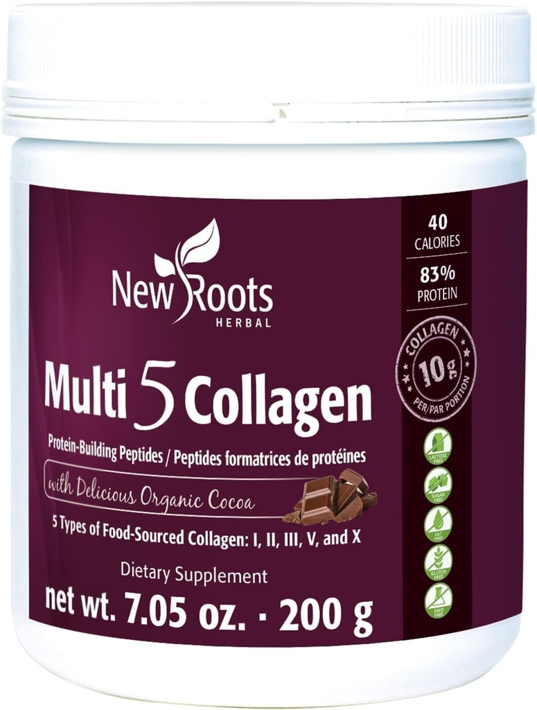 NEW ROOTS HERBAL Multi 5 Coco Collagen Powder Supplement (Typy I, II, III, V a X) Hydrolyzovaný kolagen - mlékárenský & gluten zdarma - 12g na servírování - Čokoláda Flavor, 7.05 oz