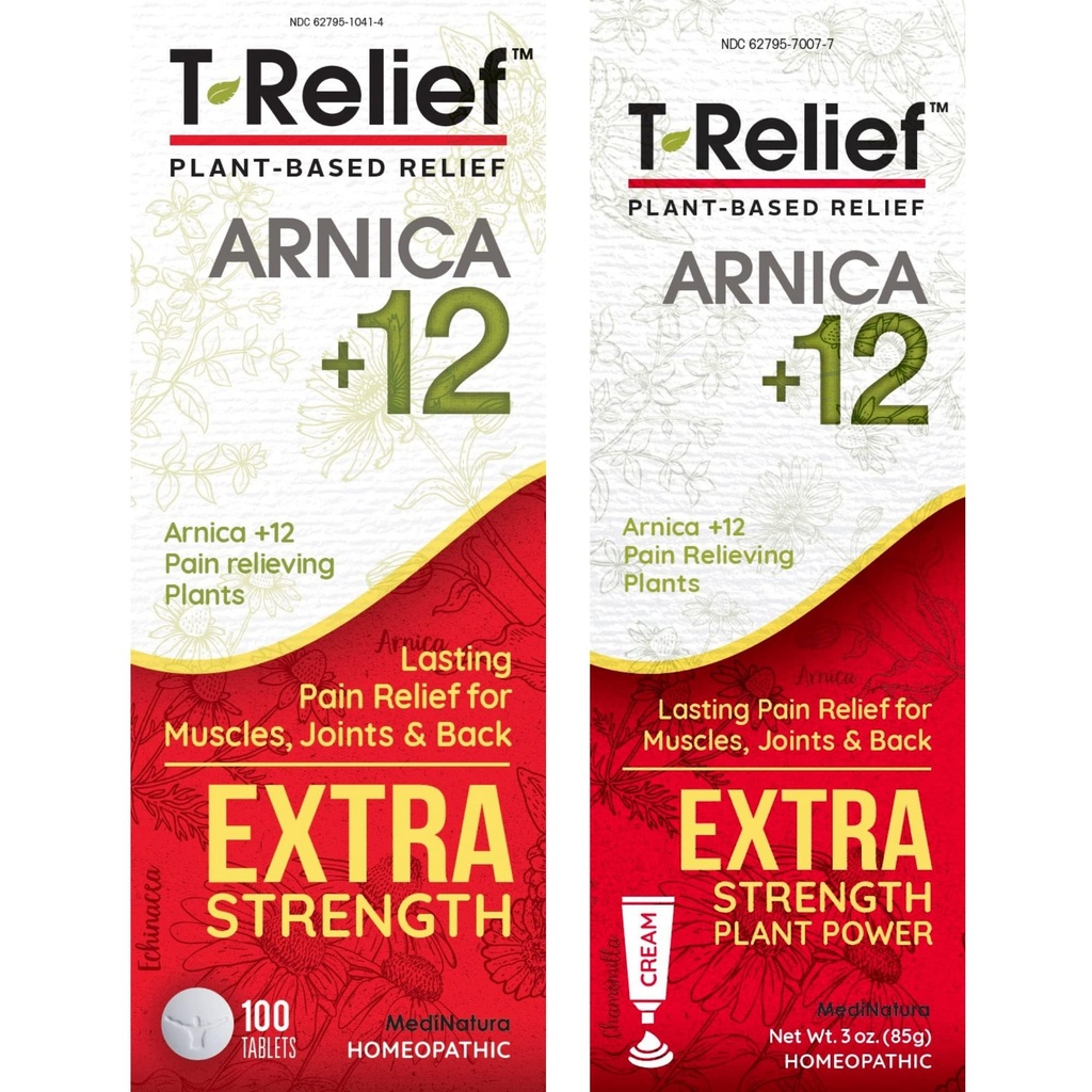 MediNatura T- Relief Extra Strength Pain Relief Arnica + 12 Plant- based Pain Relievers 100ct Tablety T- Relief Extra Strength Pain Relief 3oz Cream Bundle