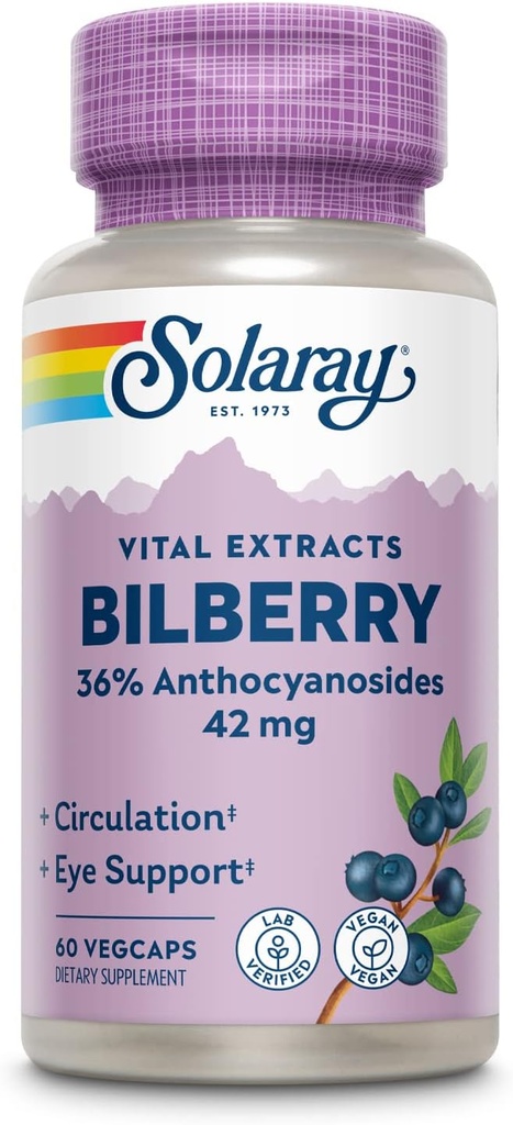 SOLARAY Bilberry Berry Extract 42 mg, Eye Health & Circulation Support, with 36% Anthocyanosids, Vegan, 60 VegCaps