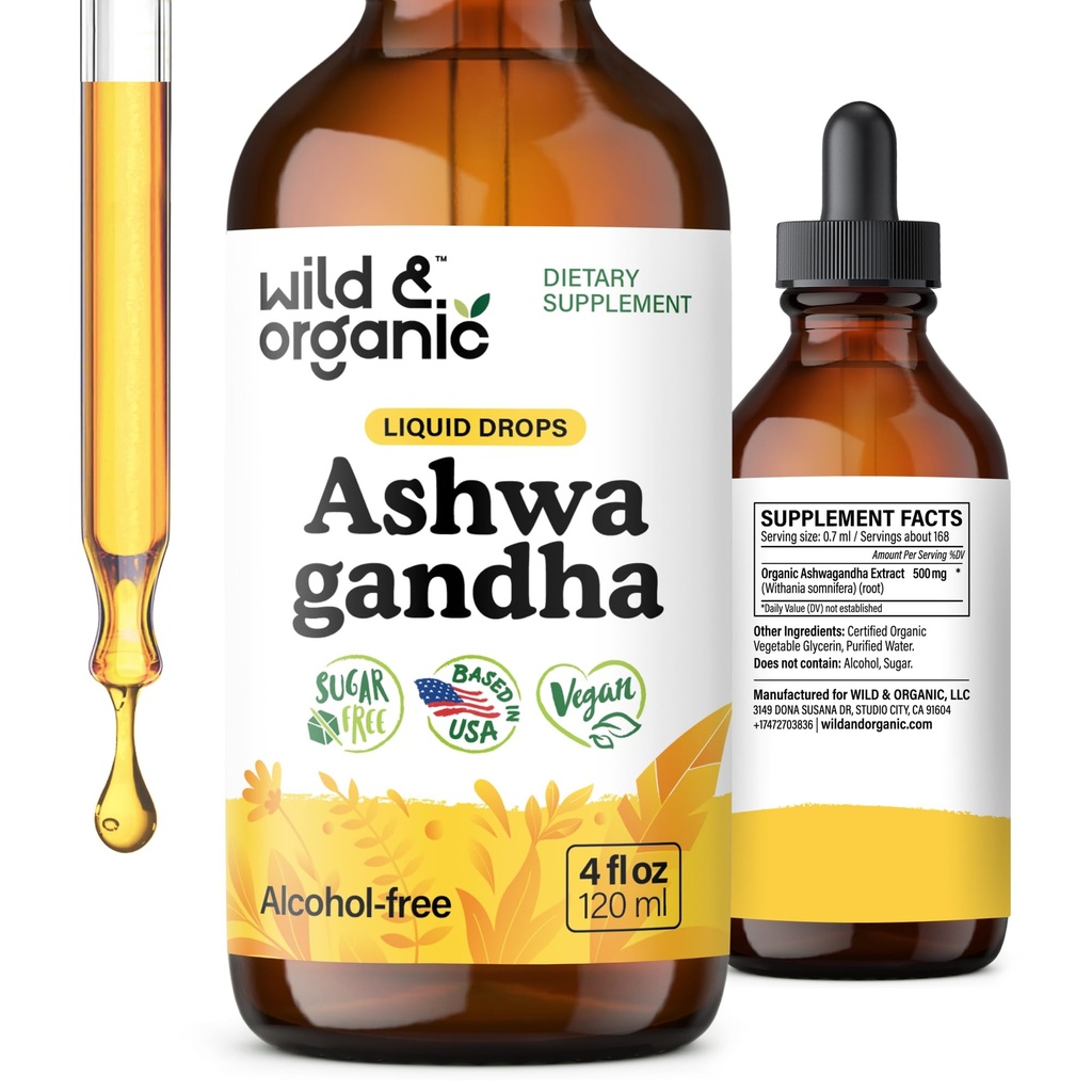 Wild & Organic Ashwagandha Drops - Mood Support Supplement w / Ashwagandha Root Extract - Liquid Drops for Calm Mind - Relaxation Supplements - Sugar & Alcohol- Free - 4 fl oz