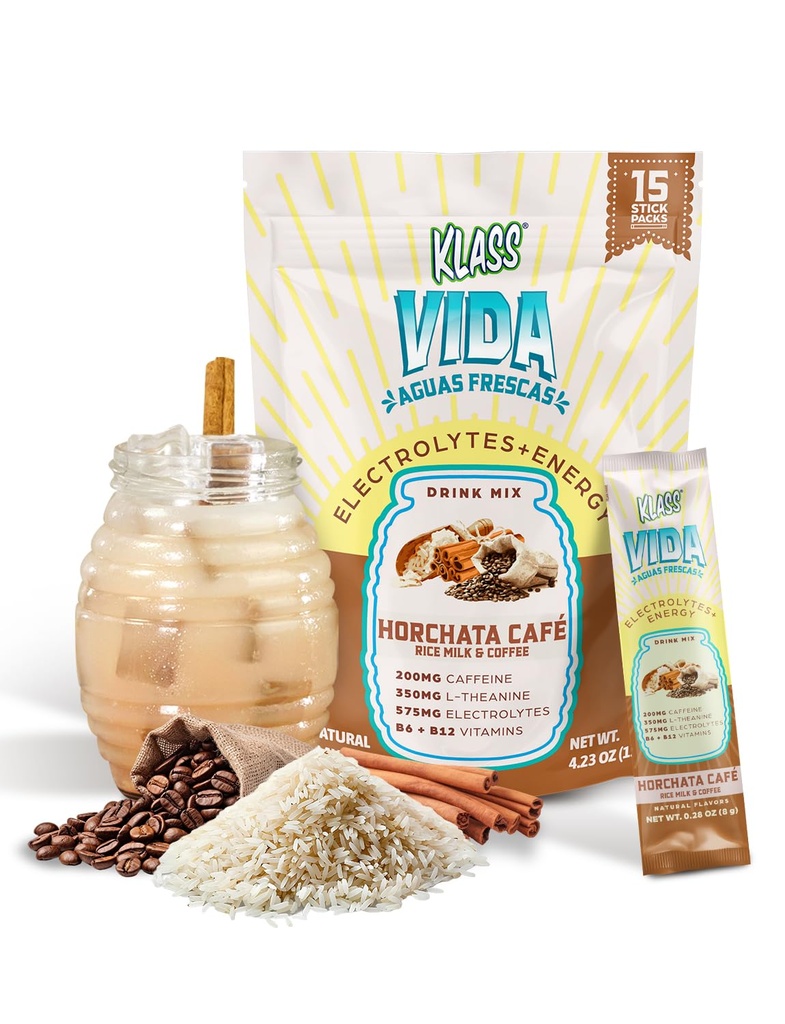 Hydratace + Energy Electrolyte Drink Mix - Coffee Horchata Agua Fresca Flavor 124; Sugar- Free Powder with Caffeine, L- Theanine, Coconut Water & Minerals 124; 15 Single- Serve Stick Packs