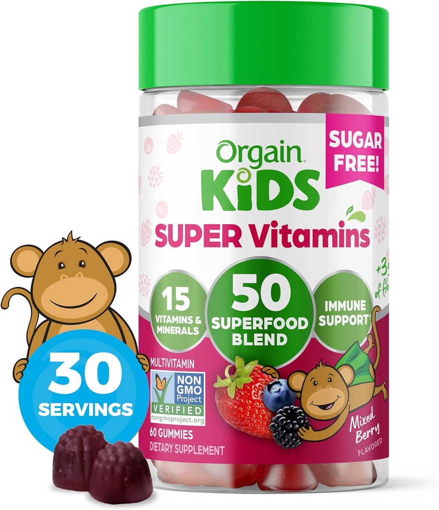 Orgain Kids Sugar Free Multivitamin Gummies, Vegan & Plant based, 50 Superfoods, 15 Vitamíny a minerály, Imunitní podpora a 3g fiber, Mixed Berry, Ages 4 +, 1 měsíc dodávky (60 Gummies)