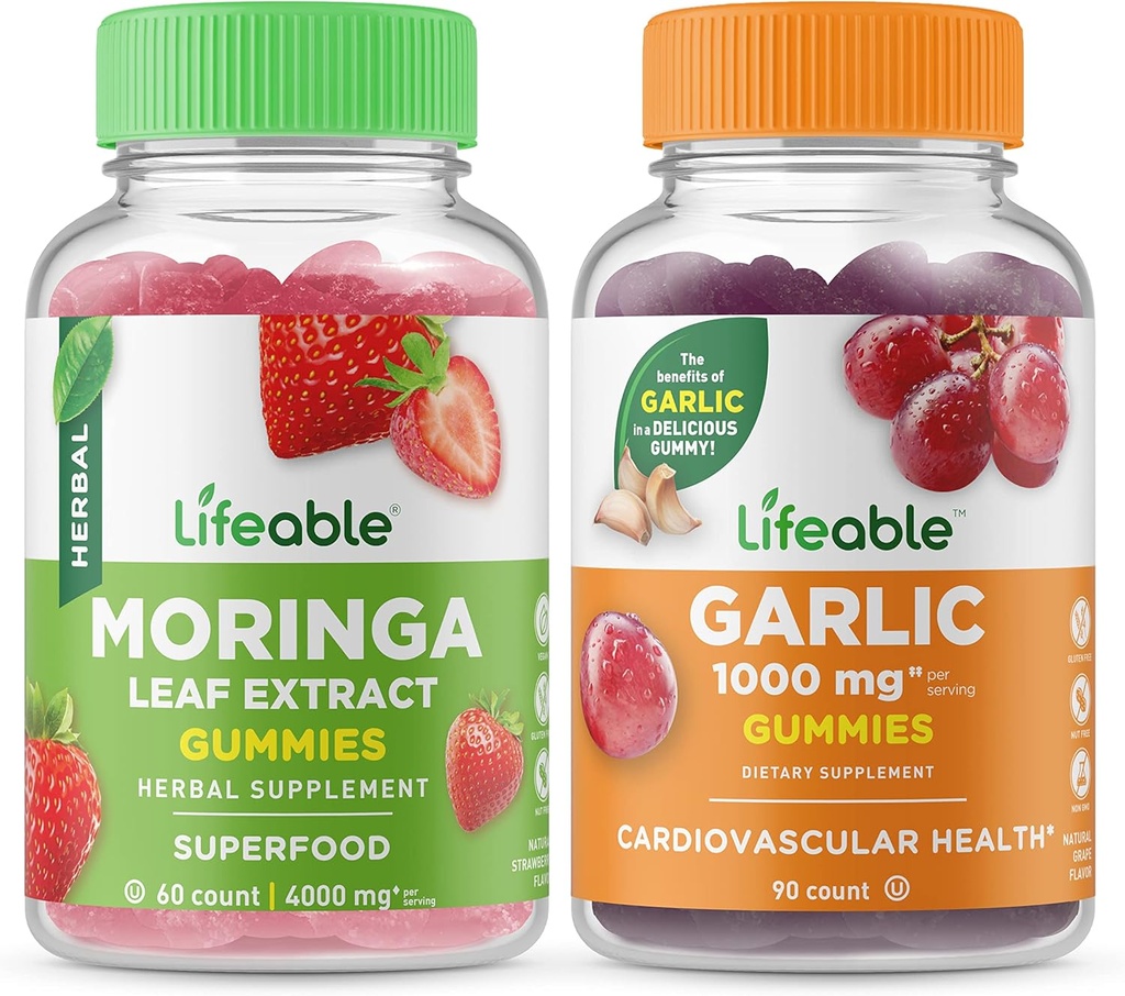 Lifeable Moringa Leaf + Česnek 1000mg, Gummies Bundle - Great Ochutnávání, Vitamin dodatek, gluten zdarma, GMO zdarma, Žvýkací žlab