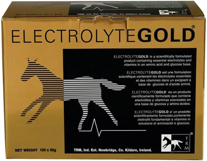 TRM Electrolyte Gold Performance Horse Feed Supplement for Electrolyte Replenishment PHAR124; Combats Fatigue PHAR124; Obsahuje vitaminy C & E - 100 Qty x 1.76 oz (100 Qty x 50g) - 100 Qty x 1.76 oz