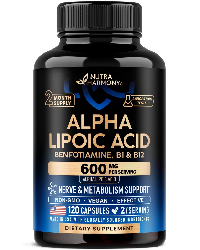 Alpha Lipoic Acid 600mg - ALA doplněk Antioxidant pro Nerve, Energy & Metabolismus Podpora - Extra síla s Benfotiamin, B1 & B12 - Laboratorní testování, Non- GMO & Vegan - 120 Kapsle, 2 Měsíční dodávka