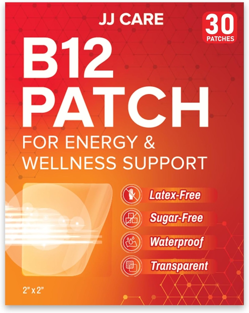 JJ CARE B12 Patch (balení po 30), Self- Adhesive Natural Blend Topical Daily B12 Energy Patch, 1 měsíční dodávka