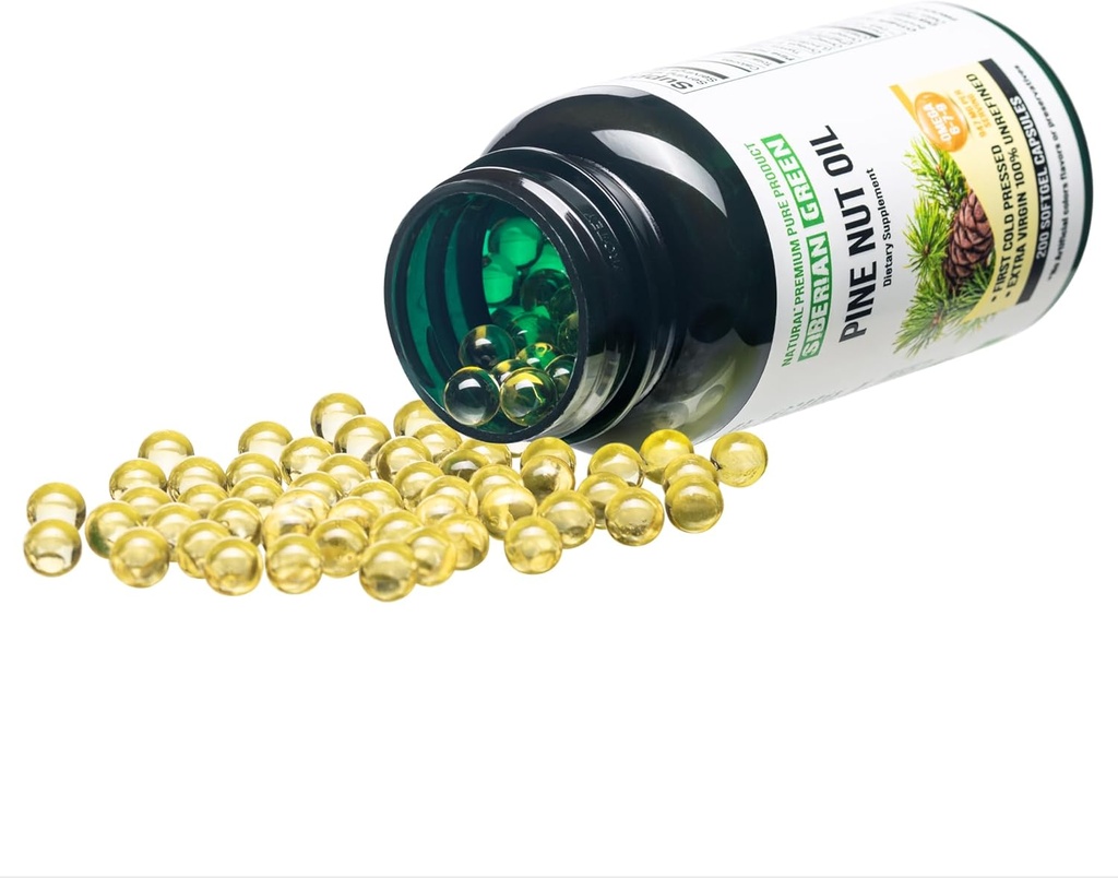 Siberian Green Pine Nut Oil Kapsle 200 Softgels Wild Sklizeň Siberia Altai Cold Pressed Nerafinované