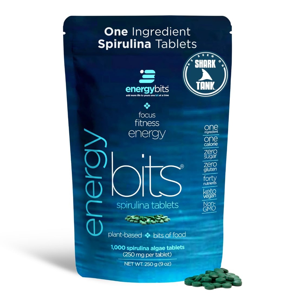 EtherGYBITS - Organic Spirulina Tablets - Plant- Based Algae Superfood - for Focus, Fitness, Energy - Plant Protein - Gluten Free - Collagen, Vitamin B12, Omega 3 - Keto & Vegan - 1000 Algae Tablets