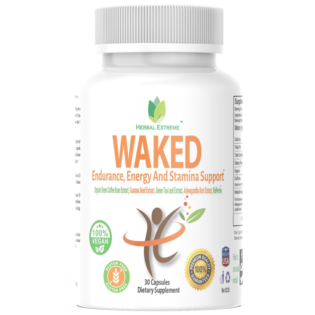 Waked Endurance, Energy And Stamina Support 30 Kapsle Organic Green Coffee Bean Extract, Guarana Seed Extract, Green Tea Leaf Extract, Ashwagandha Root Extract, a Black Pepper Extract jako BioPerine