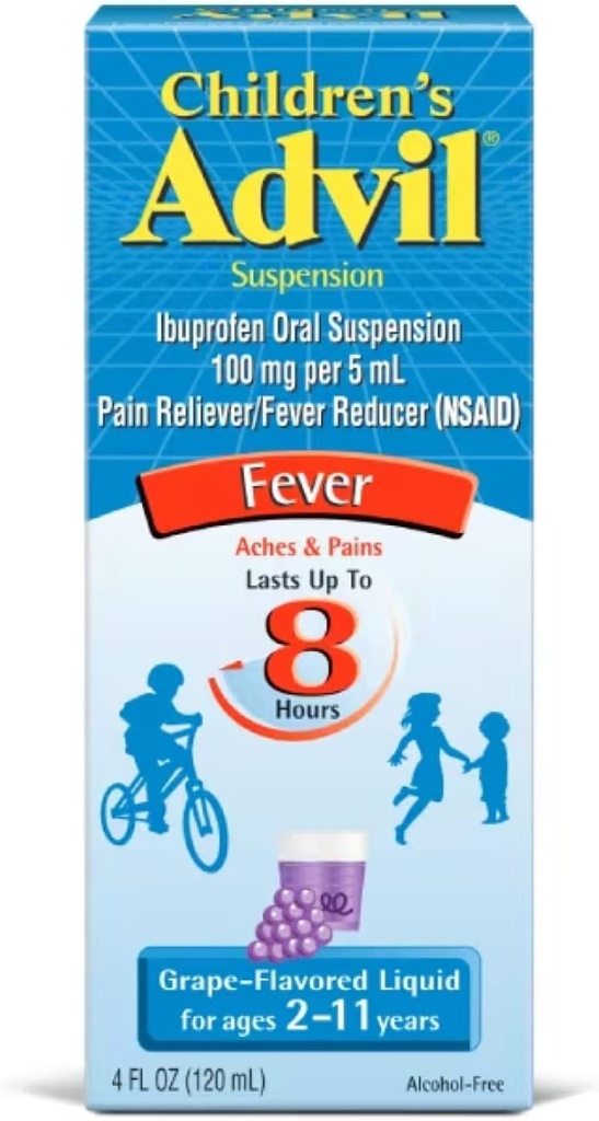 Dětské Advil Suspension Ibuprofen 100mg Fast Pain Reliever and Fever Reducer Last to 8 Hours Grape Flavor Liquid for ages 2 to 11 Years - 3 balení 4 FL Oz lahví