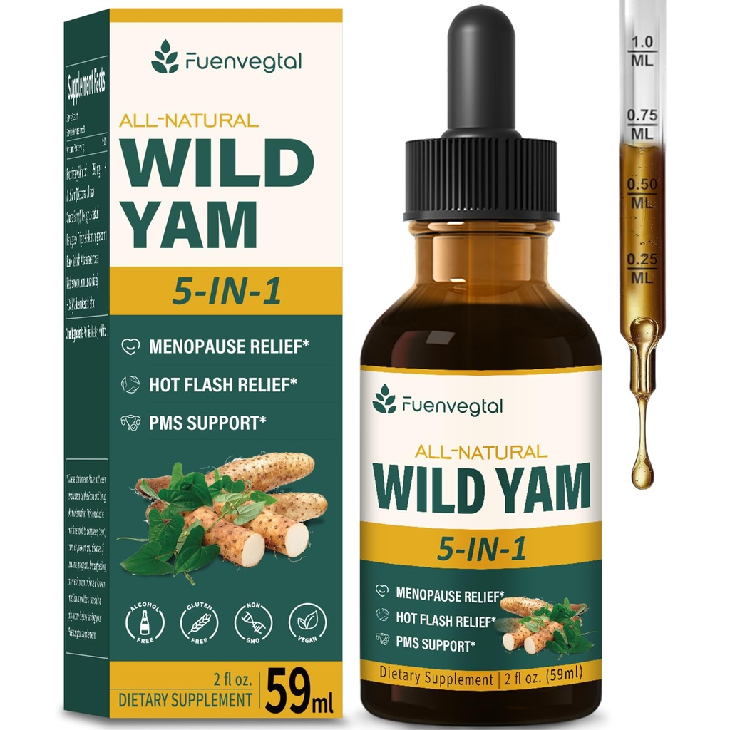 Wild Yam Root Extract Drops, Dámský dodatek s Fenugreek & Motherwort Herb pro Menopause Relief & PMS Podpora. Fenogreco y ņame Salvá para la Menopausia.