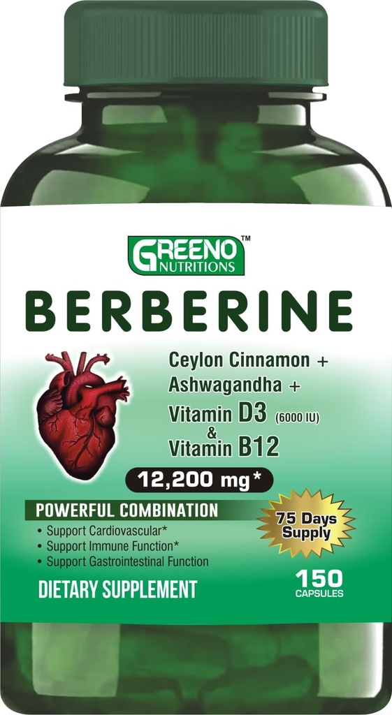 Berberine 12200mg s Ceylon Skořice Ashwagandha Vitamin D13 + vitamín B12 Imunitní podpora srdce - 75 dní Supply -150 Počet (balení po 1)