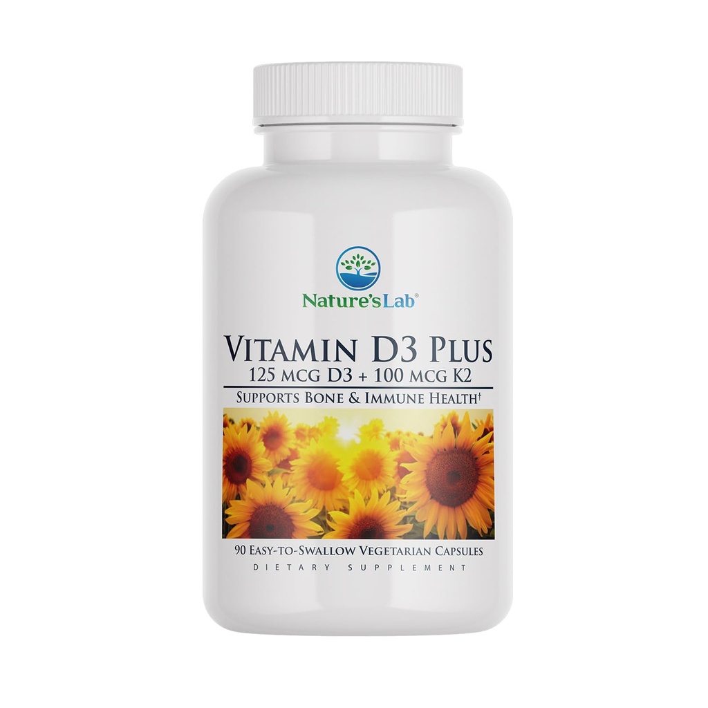 Přírodní laboratoř vitamin D3 Plus - Obsahuje vitaminy D3 a K2 (MK7) pro imunitní podporu, zdravé kosti a kardiovaskulární zdraví * - gluten zdarma, non GMO - 90 Kapsle (3 Měsíční zásoba)