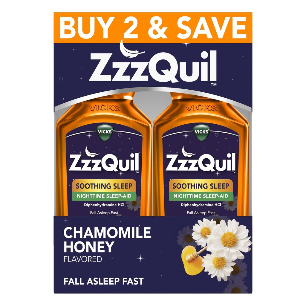 ZzzQuil Liquid Sleep Aid, Soothing Sleep, Difenhydramine 50mg HCl, Heřmánek Med ochucený, Nighttime Sleep Aid Liquid, Sleep Aids for Dospělí, 2 Pack, 24 FL OZ