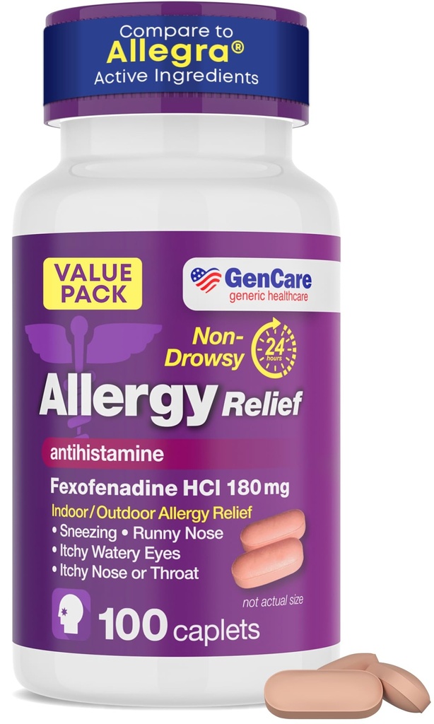GenCare Alleries Relief Pills - Fexofenadine 180mg 24 hodin Non- Drowsy Alergics Medicine Antihistamin, Porovnejte s Allegra 24 hodin Non Drowsy Pills for Itchy Eyes, Runny Nose, Hives (100 Počet)
