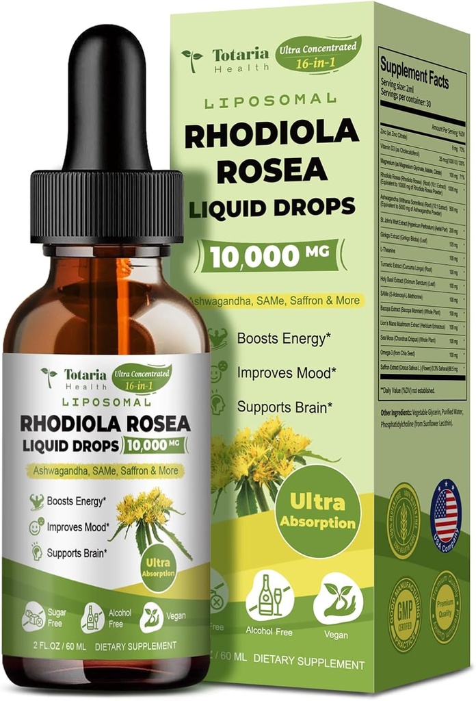 Totaria Liposomal Rhodiola Rosea Tincture 16 in 1, w / Ashwagandha, L-Theanine, Saffron, Ultra Strength Cortisol Supplement with Rhoddiola Rosea, Magnesium