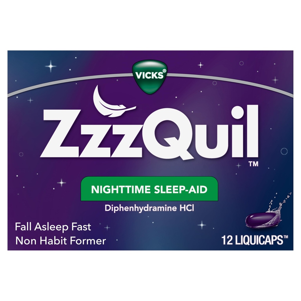 ZzzQuil, Nighttime Sleep Aid LiquiCaps, 25 mg Difenhydramine HCl, No.1 Sleep- Aid Brand, Non- Habit Forming, Fall Asleep Fast, 12 Count