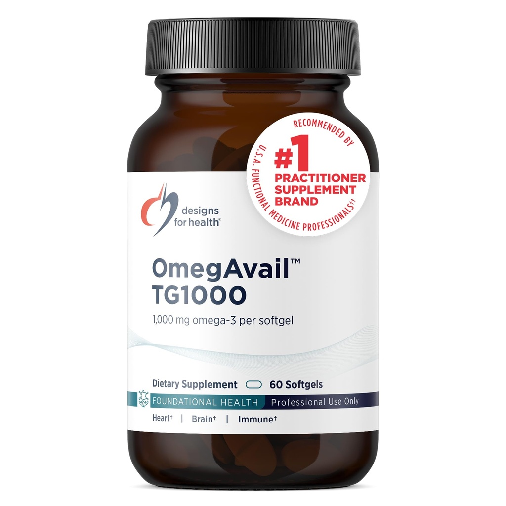 Designy pro zdraví OmegAvail TG1000 - TG (triglycerid) Příplatek k rybím oleji s EPA / DHA - Vysoce koncentrované 1000mg Omega33 per Softgel - přírodní citrónová příchuť + bez rybí pasty (60 Softgels)