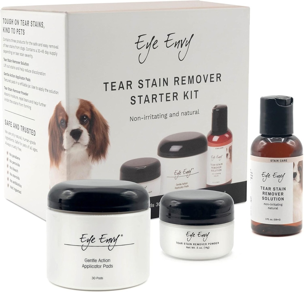 Eye Envy Dog Tear Stain Remover Starter Kit. 100% přírodní, bezpečné. Obsahuje: Sack Solution, Applicator Pads, a Sain Powder. Vyrobeno v USA