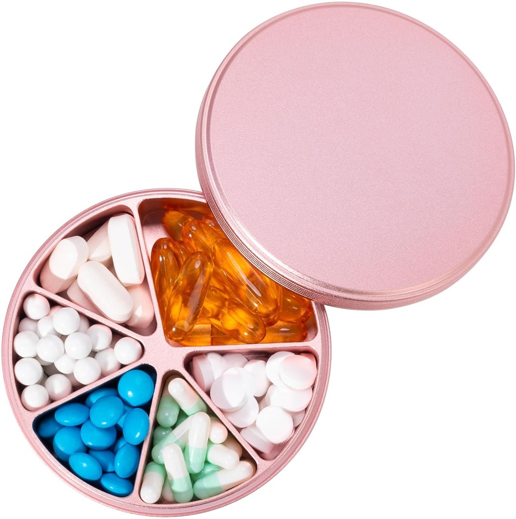 Pořadatel 6 Compartments Pill Dispenser - Heavy Duty Metal Daily Pill Container, Daily Pill Box Pill Holder, Vodotěsný obal na léky pro vitamin Supplement Medicine Fish Oils, 0.38lb, růžová