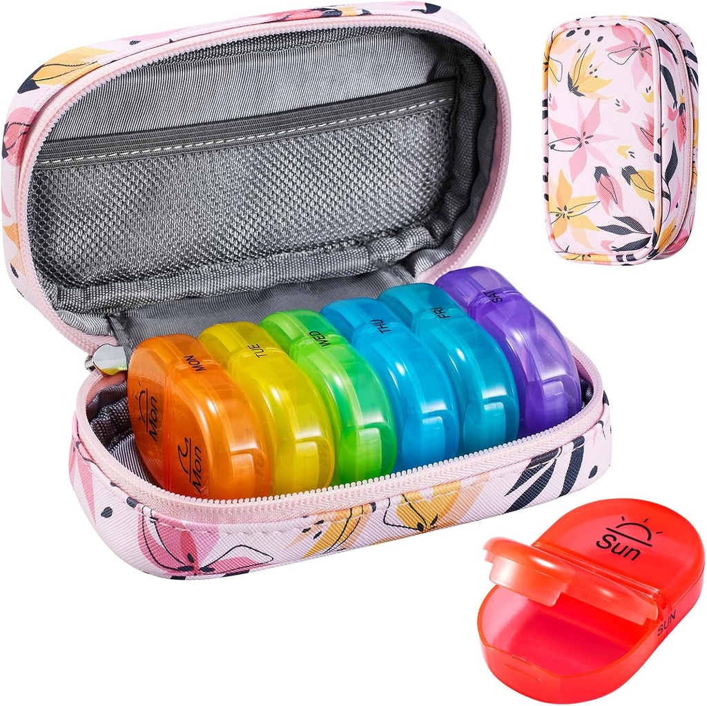 Serfeymi Týdenní Travel Pill Organizátor 2 krát denně PM Upgraded Rainbow Pill Box 7 Day with Portable Zipper PU Leather Pill Case, Medicine Organizer for Pills, Vitamíny, Rybí oleje - Pink 03