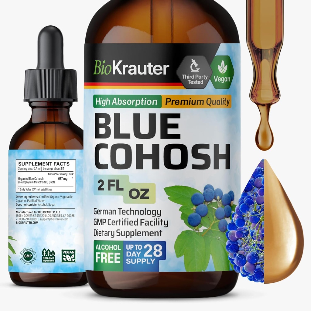 BIO KRAUTER ® Menopauza Doplňky pro ženy * - Blue Cohosh tinktura 2 Fl.Oz 28 Days of Supply - Vegan Blue Cohosh Extract for Menopause Support - Alkohol & Sugar Free - Relaxation & Women 's Wellness