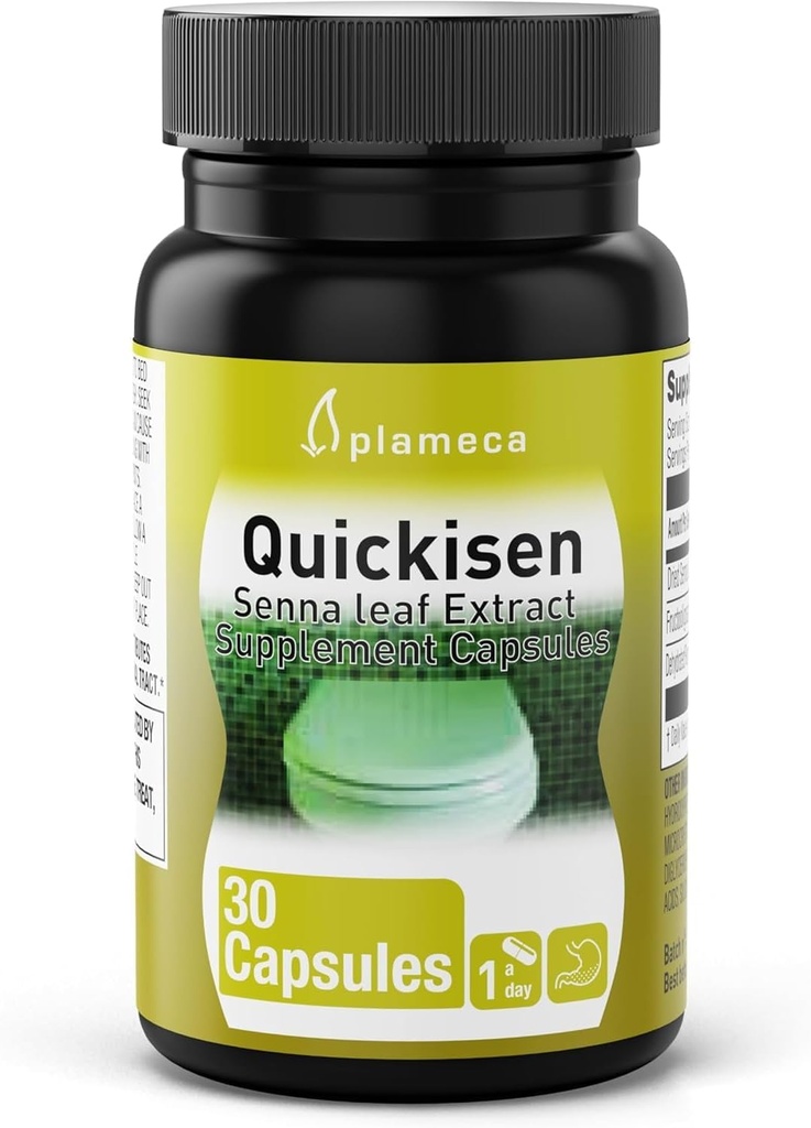 Plameca Quickisen Laxative Kapsle, Relief from Occasional Constolly, Natural Senna Extract, Podporuje střevní zdraví, Dietní dodatek gluten- Free a Dairy- Free, 30 Kapsle