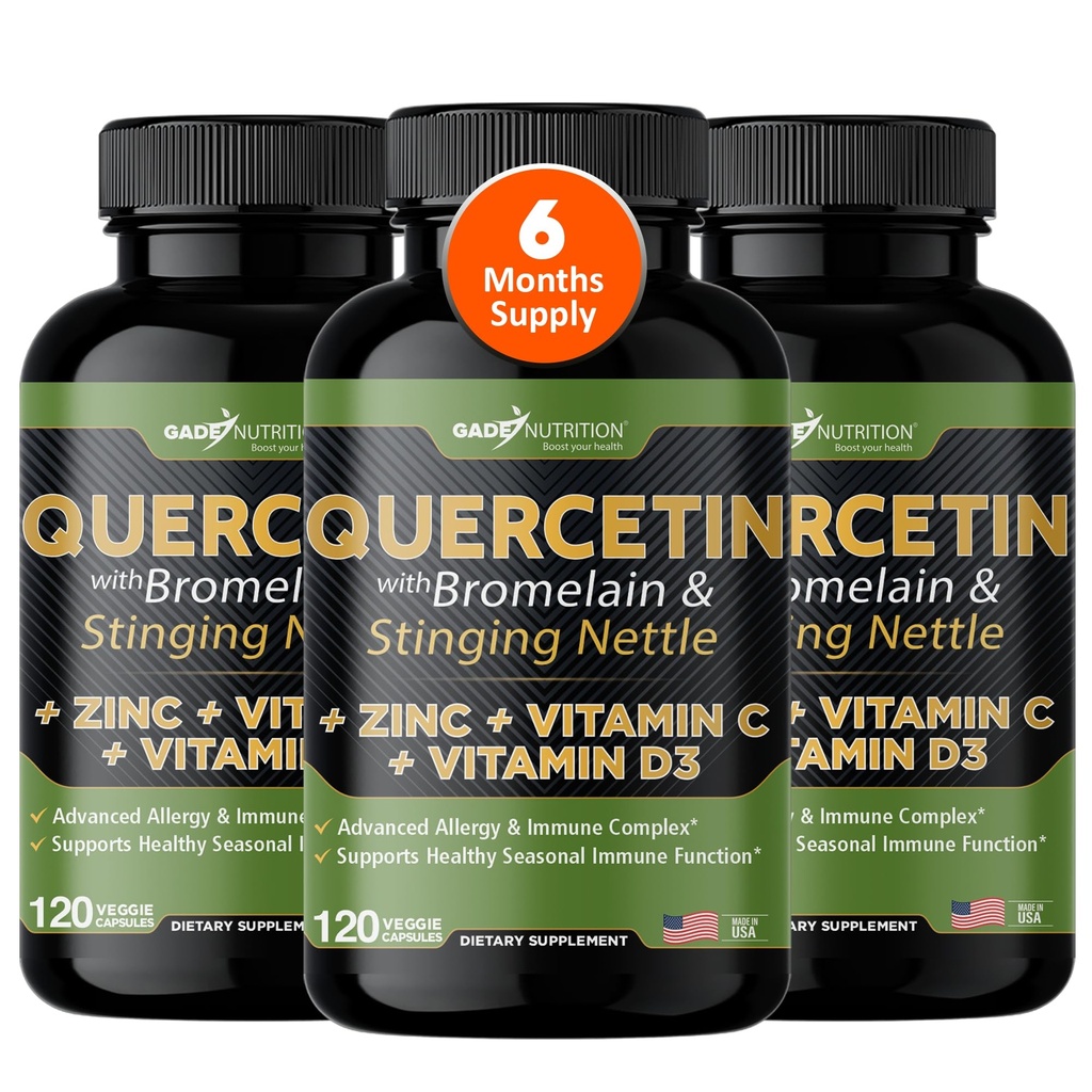 Gade Nutrition Quercetin s vitaminem C, zinkem a žihadlem - Nettle Quercetin - Quercetin 500 mg - Quercetin s bromelainem - zink Quercetin + vitamin D3-360 Veggie Caps - 6 měsíců