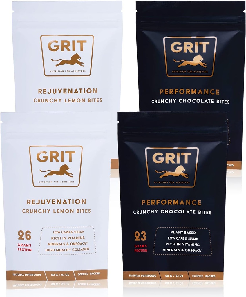 Nutriční bity Sampler Balení 124; 23-26g Protein IR 124; High Energy Pre- Workout a společné Support doplňky 124; Muscle-Building and Endurance IR 124; Gluten Free, Keto, No Soy IR 124; GRIT Superfoods (60g, 4 balení)