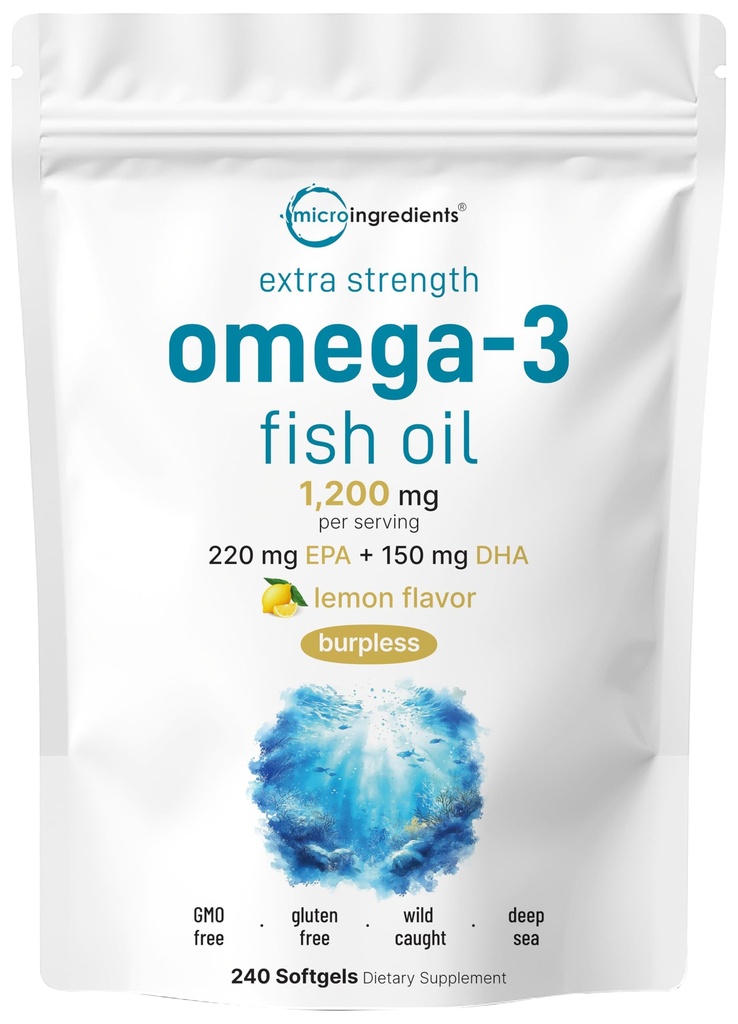 Micro ingredience Extra Strength Omega 3 Rybí olej doplňky 1,200mg per Serving, 240 Softgels current 124; Lemon ochucený currency 124; Burless current 124; Essential Fatty Acids current 124; EPA 220mg + DHA 150mg currency 124; Deep Sea Fish