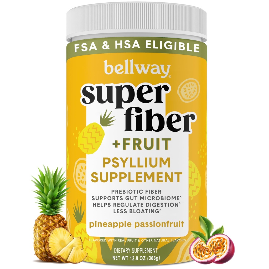Bellway Super Fiber Powder + Ovoce, Sugar Free Organic Psyllium Husk Powder Fiber Dodatek pro Regularitu, Bloating Relief & Digestive Health, Plant- based, Ananas Passion Fruit (50 Serving)