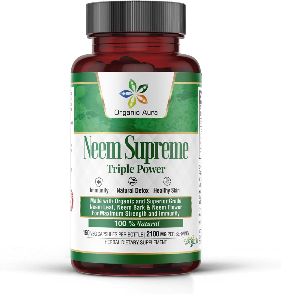 Organic Aura Neem Nejvyšší Kapsle. 150 Veg tobolky. Triple Complex - Max Strength Pure High- Potency Azadirachta Indica Capsule. Přírodní antioxidant, zdraví kůže, Abundant Imunity Support.