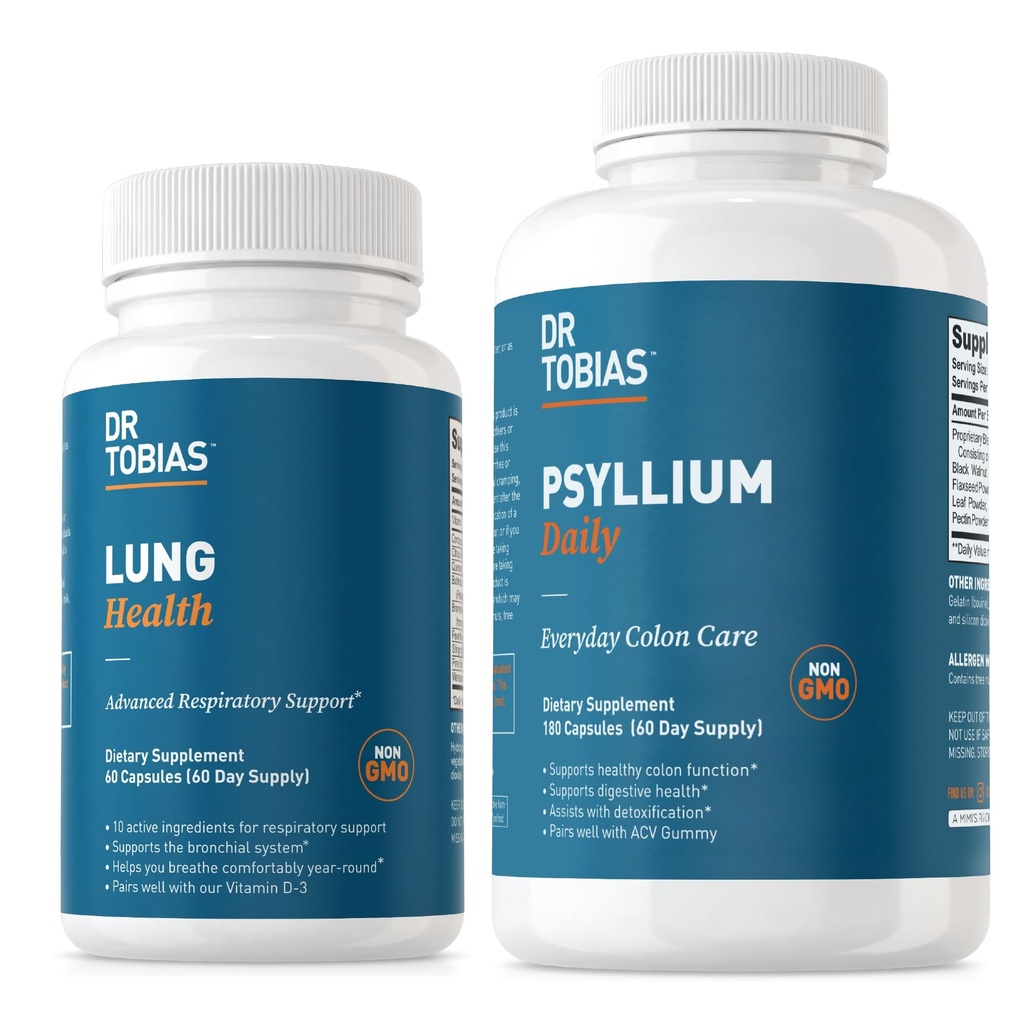 Dr. Tobias Lung Zdraví & Psylium Denní doplňky, Lung Cleanse & Detox Formule, Podporuje zdravé Bowel Movements s Psylium Husk, Vitamin C, Butterbur, Quercetin, Daily Fiber a Lung Dodatek