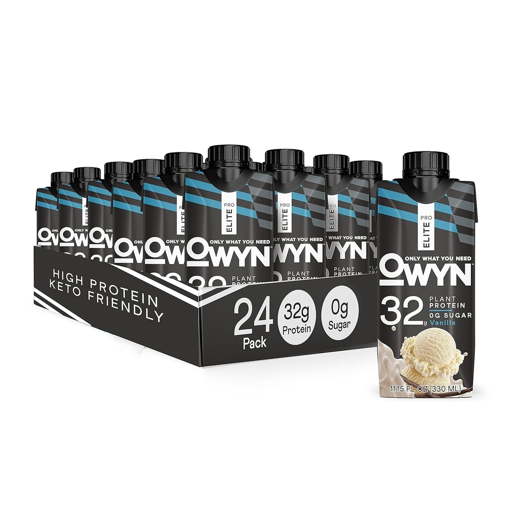 OWYN Pro Elite Vegan Plant- Based High Protein Shake, Vanilla, 24- Pack, 32g Plant Protein, Prebiotics, Superfoods Green for Workout and Recovery, 0g Net Carbs, Zero Sugar, Keto (24 Pack)