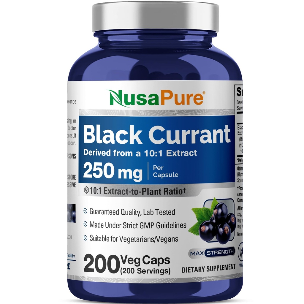 NusaPure Black Currant 10: 1 Extract, 250 mg Ekvivalentní s 2,500mg, per Veg Caps 200 Vegan, Non- GMO