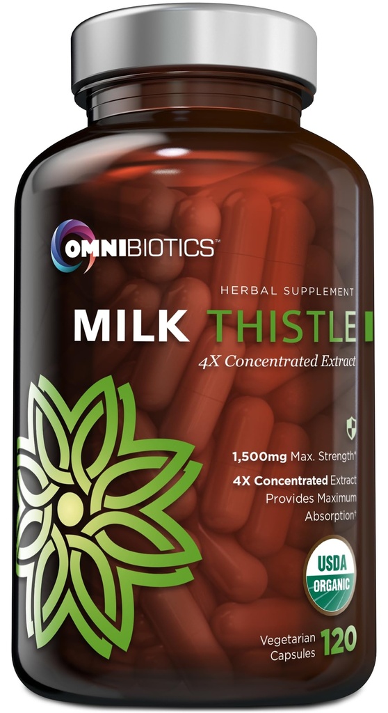 OmniBiotics Organic Milk Thistle Supplement 1500mg - 4X Koncentrovaný extrakt se silymarinem - Vysoká potence jaterní detox & Support - 120 Veganských kapslí