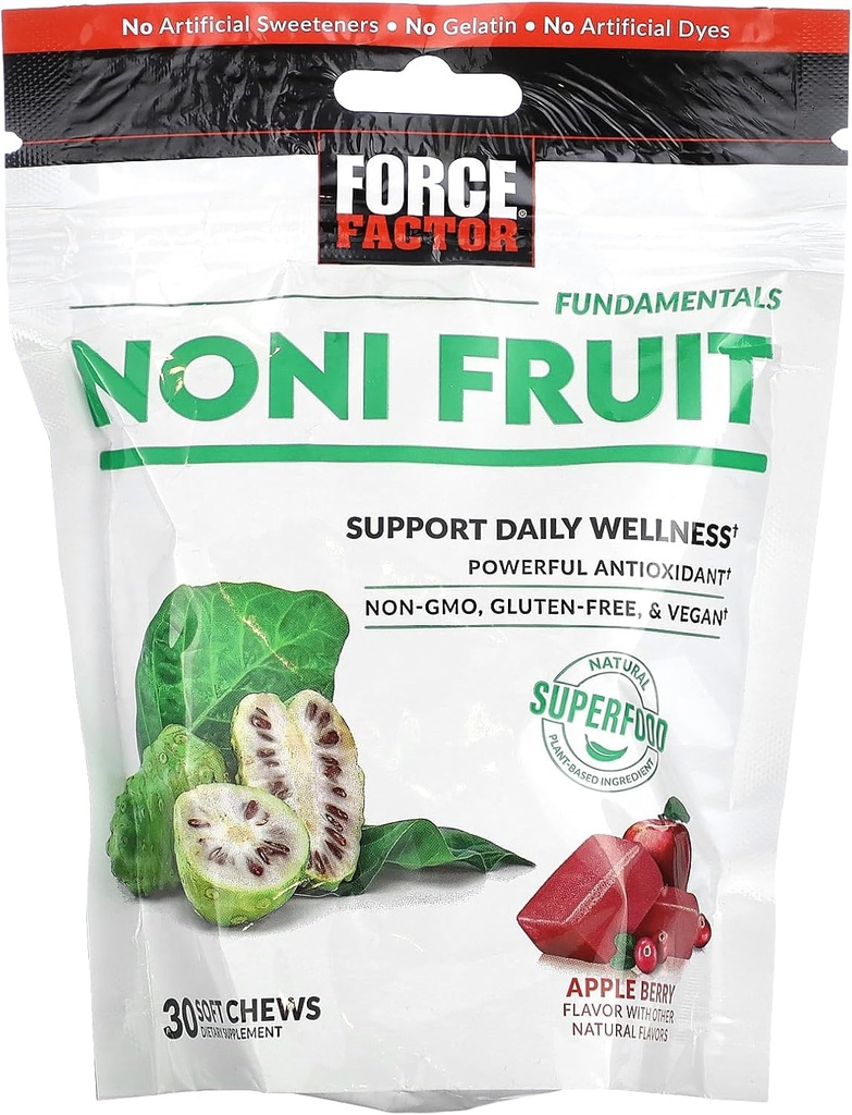 FORCE FACTOR Noni Fruit Chews for Imunity and Skin Health Support, Noni Juice Supplement, Plant- based Antioxidant Superfood Chews, gluten- Free, & Vegan, Apple Berry Flavor, 30 Soft Chews