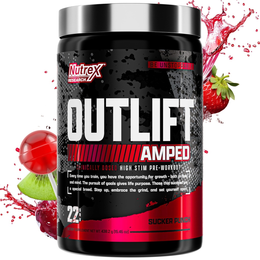 OUTLIFT rozšířené Max dávkované HIGH STIM Pre Workout prášek, 6G Citrulline, 3.2G Beta Alanin, Alpha GPC, CognatiQ, extrémní energie, masivní čerpadla, síla, elektrolyty, nootropics, Ovoce Punch, 22 Služeb