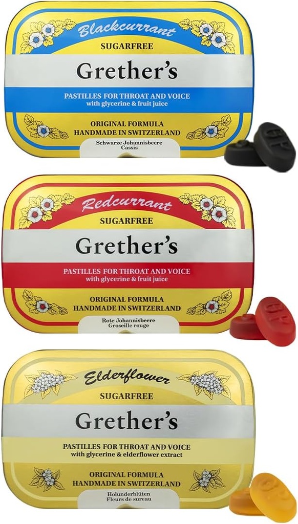 GREATHER 's Sugarfree Pastilles Blackcurrant, Elderflower & Redcurrant - Gift for Singers - Natural Remedy for Dry Mouth Relief - 2.1 oz (balení po 3)