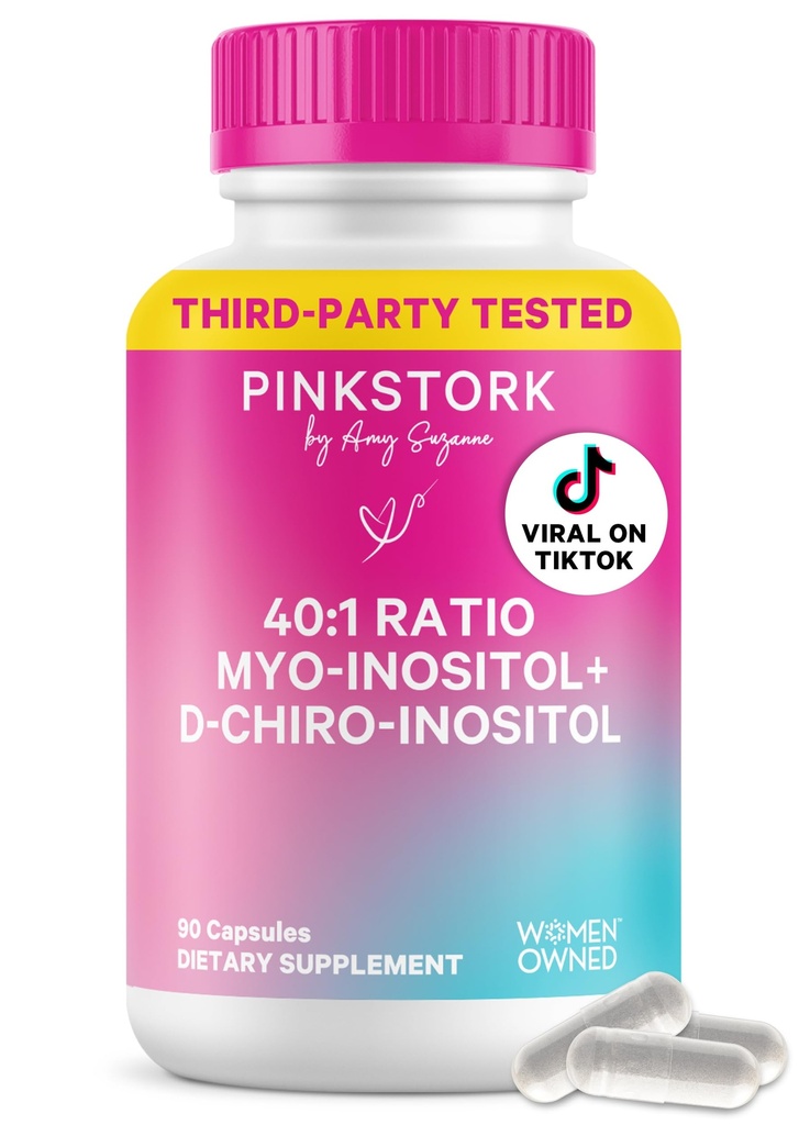 Pink Stork Inositol Dodatek pro ženy - 40: 1 Myo- Inositol & D- Chiro Inositol - Hormon Balance, Fertility & Ovaria Podpora - Regularita a Metabolické Wellness, 30 Služeb
