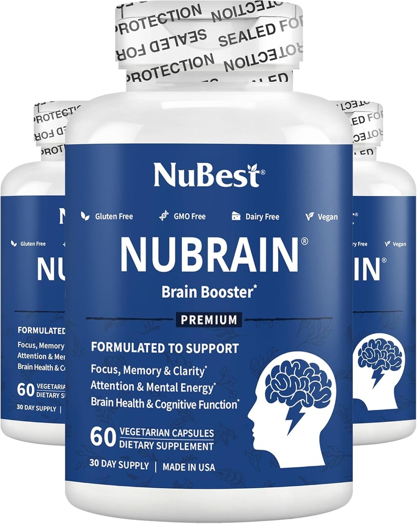NuBrain - Advanced Brain Booster - Zlepšit paměť, Focus & Clarity s vitaminem B6, Ginkgo Biloba, Bacopa Monnieri & More - Mozkový dodatek pro muže a ženy - 3 balení 124; 3 měsíce dodávky