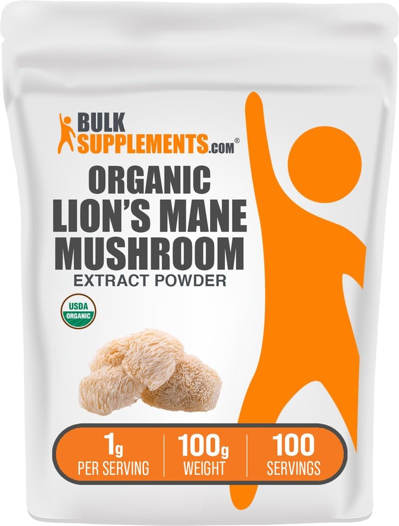 Bulksupplements.com Organic Lion 's Mane Houby Extract Powder - Lions Mane Supplement Powder, Superfood for Well- Being - Vegan, 1g per Serving, 100g (3.5 oz) (balení po 1)