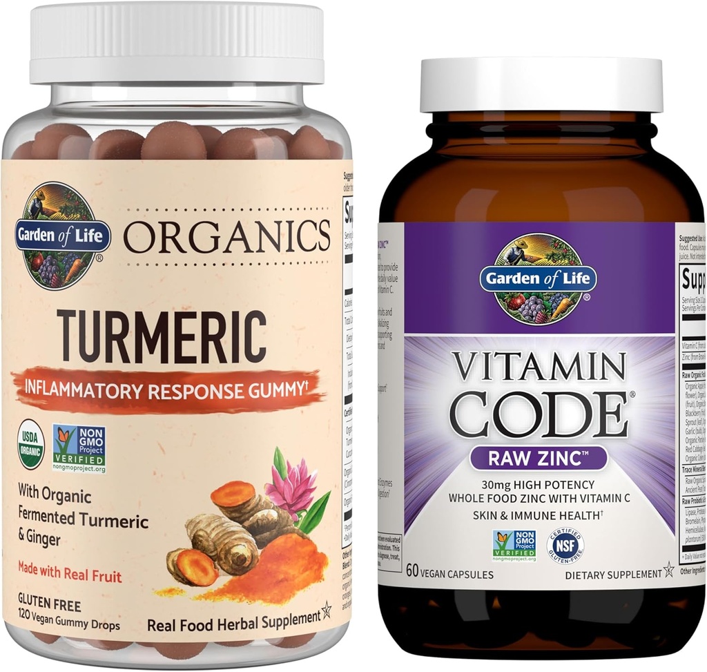 Zahrada života Organics Turmeric Zánětlivá odpověď Gummy, 120ct & Vitamin kód High potency Raw Zinek, 60ct