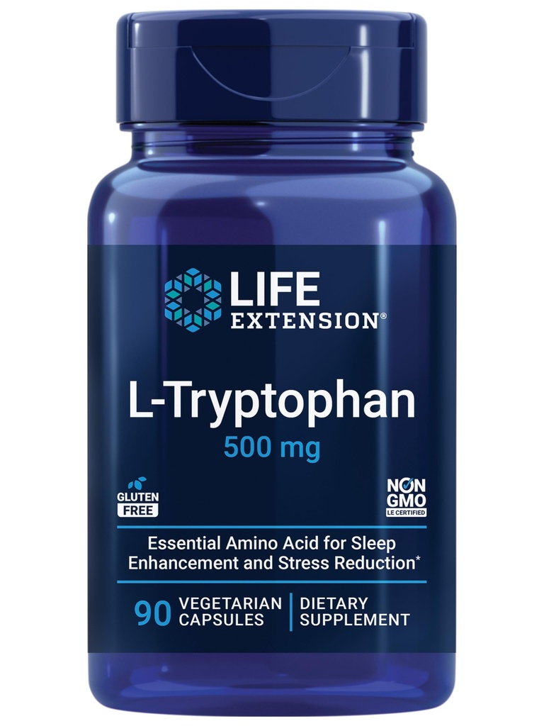 Life Extension L- Tryptofan, 500 mg, Povzbuzuje zdravé hladiny serotoninu a podporuje zdravý spánek, nálada, Stress Response & Satiety, gluten- Free, Non- GMO, Vegetariánské, 90 Kapsle