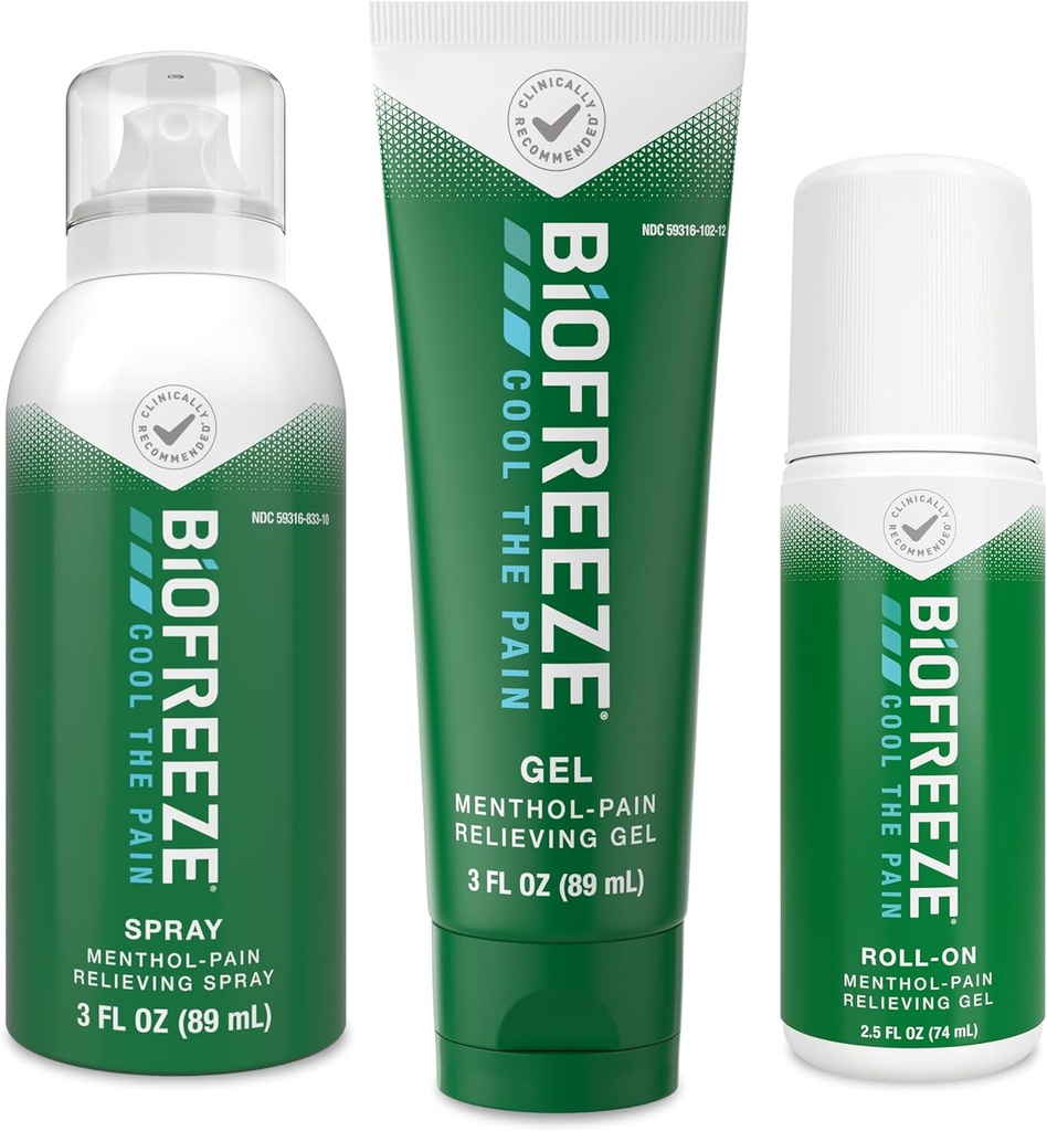 Biofreeze Pain Relief Roll- On 2.5 FL OZ, Gel 3 FL OZ, A sprej 3 FL OZ Variety Pack Topical Pack Reliever for Muscles And Joints From Artritis, Baccache, Strains, Bruises, Sprains (Balík May Vars)