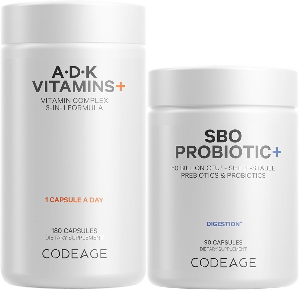 Codeage Daily ADK Vitamin & Probiotic Bundle - Vitamin A Retinyl Palmitát, Vitamin D3 Cholekalciferol, Vitamin K, 50 miliard CFU SBO Probiotic Blend, Non- GMO