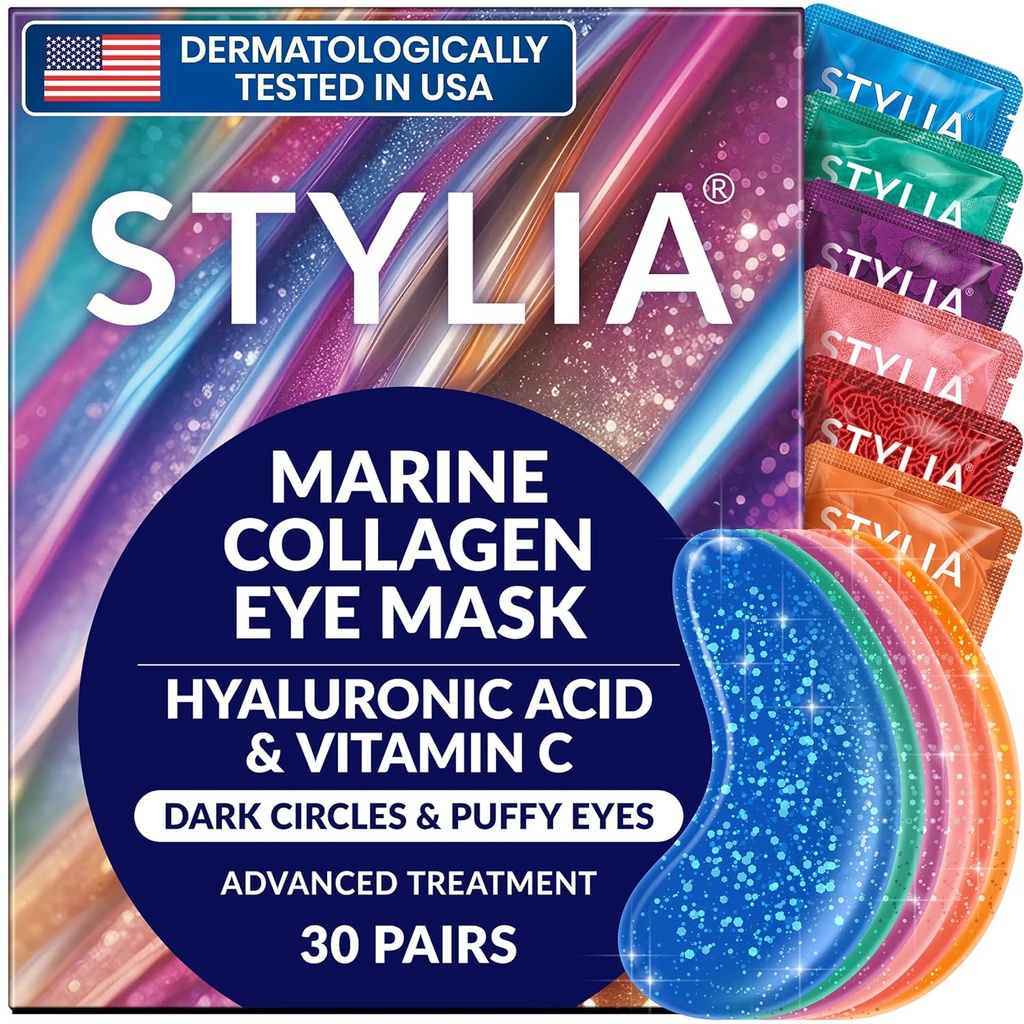 Stylia Collagen & Vitamin C pod očními záplatami pro Puffy Eyes & Dark Circles - Depufing, Hydrating & Firming Under Eye Mask with Hyaluronic Acid - Vegan, Cruelty-Free Skincare (30 párů)