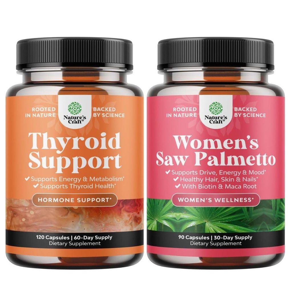 Bundle bylinné nadledvinky a štítné žlázy podpora komplex - Mood Enhancer doplněk energie pro štítné žlázy zdraví a extra sílu pilu Palmetto pro ženy pro silnější silnější zdravější vzhled vlasy