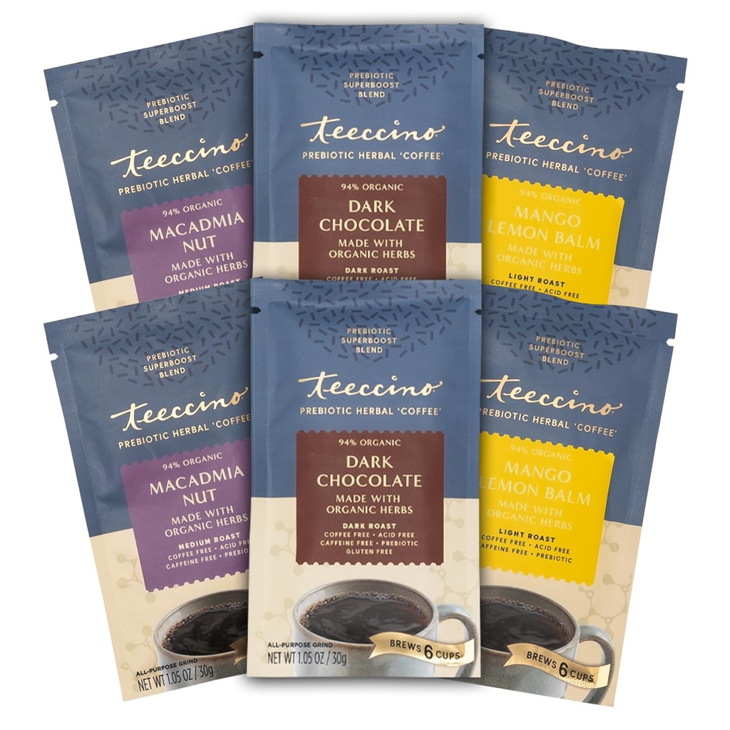 Teeccino Prebiotic SuperBoost ™ Bylinné kávy Sampler - 6 Trial- Size Packets - Tmavá čokoláda, Mango Lemon Balzám, Macadamia Nut - Prebiotic, Caffeine- Free, Přízemí Káva alternativy pro dobré Gut zdraví