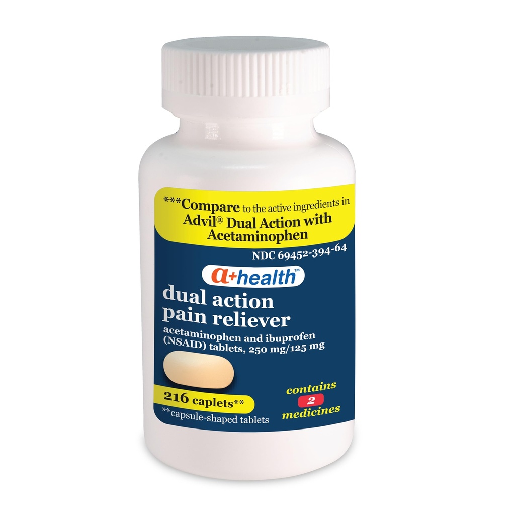 A + Health Dual Action Acetaminophen 250 mg a Ibuprofen (NSAID) 125mg Pain Reliever Caplet, 216 Počet